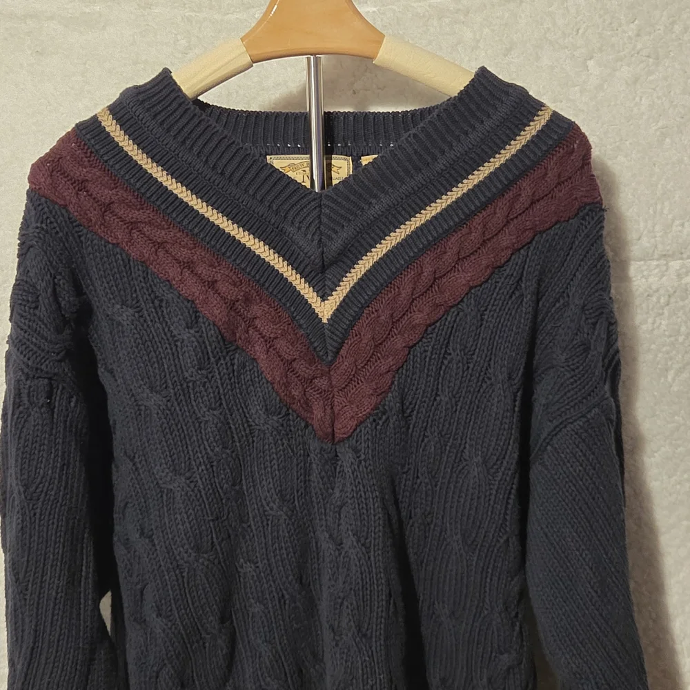 Vintage 90s New River Co Cable Knit V-Neck Sweater 100% Cotton Preppy Size M - Picture 2 of 7